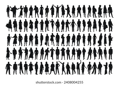 Collection of black silhouettes of people, men and women, isolated vector
