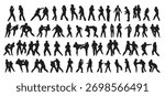 Collection of black silhouettes of people practicing kudo. Shadows of the fighting men on a white background. Martial arts illustrations.