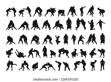 Colección de siluetas negras de personas practicando sumo. Sombras de los hombres luchadores en un fondo blanco. Ilustraciones de artes marciales.