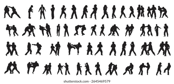 Coleção de silhuetas pretas de pessoas praticando kudo. Sombras dos lutadores em um fundo branco. Ilustrações de artes marciais.