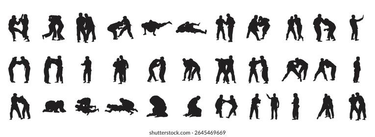 Coleção de silhuetas pretas de pessoas praticando judô. Sombras dos lutadores em um fundo branco. Ilustrações de artes marciais.