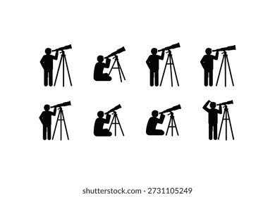 A collection of black silhouettes of people using telescopes in different stances and positions