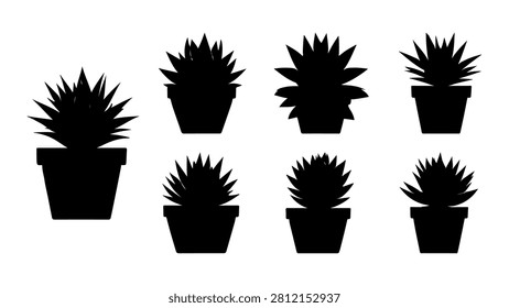 Collection of black silhouettes of potted plants showcasing diverse shapes and sizes, emphasizing botanical variety and indoor gardening themes.