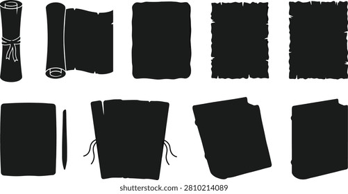 Collection of black silhouettes representing antique scrolls ancient manuscripts and vintage books isolated on a white background