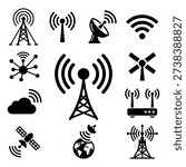 A collection of black silhouettes representing various communication technologies. The set includes antenna towers, satellite dishes, router symbols, wifi signals, and global network connections. These minimalist icons are ideal for web design, telecommunications projects, and mobile application interfaces.