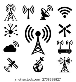 A collection of black silhouettes representing various communication technologies. The set includes antenna towers, satellite dishes, router symbols, wifi signals, and global network connections. These minimalist icons are ideal for web design, telecommunications projects, and mobile application interfaces.