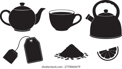 Collection of black silhouettes representing various tea-related items such as a teapot, teacup, kettle, tea bag, tea leaves, and a lemon slice.
