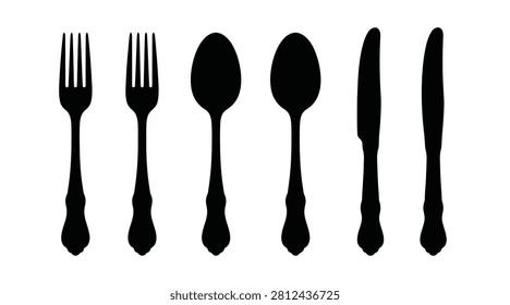 A collection of black silhouettes representing various pieces of cutlery, featuring forks, spoons, and knives, arranged neatly on a plain white background.