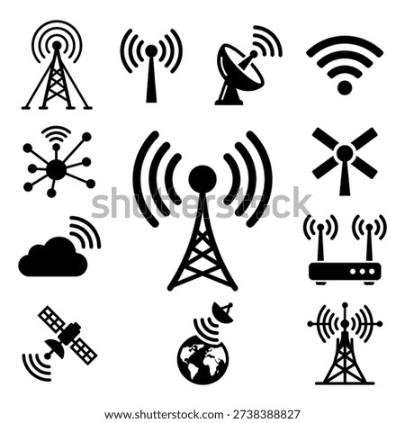 A collection of black silhouettes representing various communication technologies. The set includes antenna towers, satellite dishes, router symbols, wifi signals, and global network connections. These minimalist icons are ideal for web design, telecommunications projects, and mobile application interfaces.