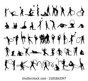 Collection of black silhouettes of rhythmic gymnastics. Shadows of girls gymnasts on a white background. Sport illustrations.