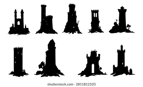 Collection of black silhouettes showcasing different tower and building structures with intricate designs and architectural features.