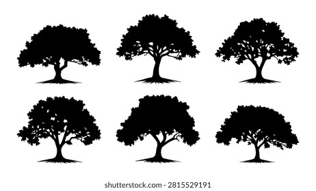 Collection of black silhouettes showcasing different types and forms of trees against a white background.