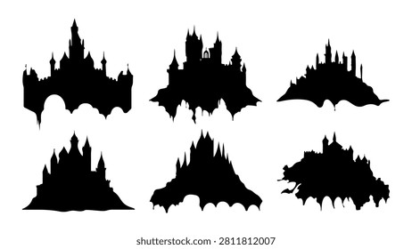 Collection of black silhouettes showcasing diverse castle and building skylines with intricate architectural details.