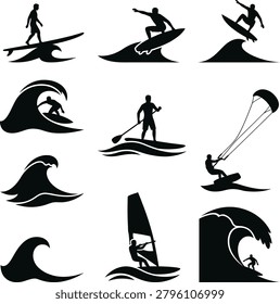 Collection of black silhouettes showcasing dynamic water sports scenes: surfing on ocean waves, paddleboarding, kitesurfing, and windsurfing.