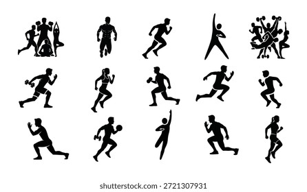 Coleção de silhuetas pretas exibindo várias atividades esportivas e de fitness, ideais para temas de saúde e bem-estar.