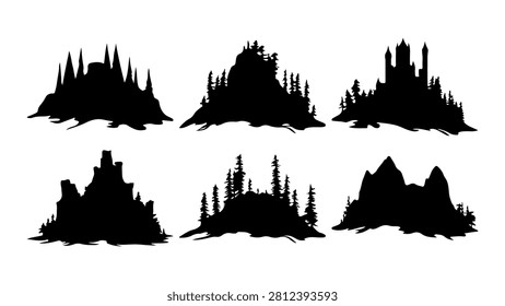 A collection of black silhouettes showcasing various city skylines with diverse building shapes and heights, emphasizing urban architecture and skyline diversity.