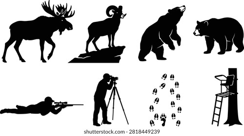 A collection of black silhouettes showcasing wild animals, hunting, and photography equipment. This vector set includes a moose, bighorn sheep, grizzly bears, a hunter with a rifle, a wildlife photographer on a tripod, animal tracks, and a hunting tree stand.A collection of black silhouettes showcasing wild animals, hunting, and photography equipment. This vector set includes a moose, bighorn sheep, grizzly bears, a hunter with a rifle, a wildlife photographer on a tripod, animal tracks, and a hunting tree stand.