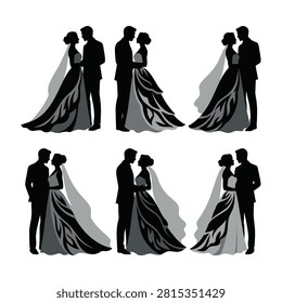 Collection of black silhouettes showing a bride and groom in various romantic poses. Perfect for wedding invitations, cards, and ceremony designs.