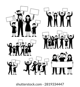 Collection of black silhouettes showing diverse groups of people holding placards. Ideal for concepts of demonstration, activism, solidarity, and public gathering.