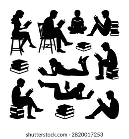 Collection of black silhouettes showing men and women reading books while sitting, lying down, or relaxing. Perfect for education, literature, and library concepts.