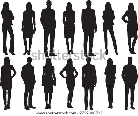A collection of black silhouettes showing standing men and women in various poses, isolated on a white background