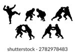 A collection of black silhouettes showing various traditional Japanese sumo wrestlers in different fighting stances and matches
