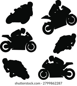 A collection of black silhouettes showing various motorcycle riders in different racing poses and maneuvers.
