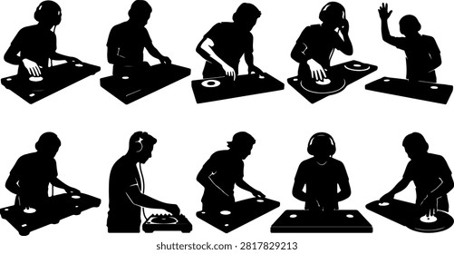 A collection of black silhouettes showing various DJs performing with turntables and mixing equipment in different poses.