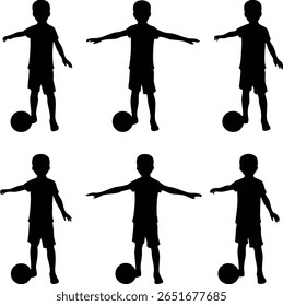 A collection of black silhouettes showing a young boy balancing a soccer ball on his foot. The poses are varied, isolated on a white background. Graphic art.