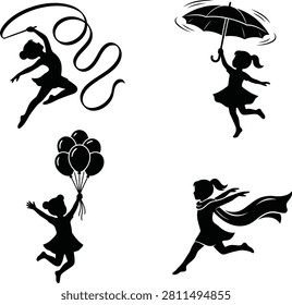 Collection of black silhouettes showing young girls playing with ribbons, umbrellas, balloons, and wearing capes in various dynamic poses