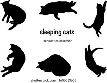 collection of black silhouettes of sleeping cats on a white background. sleep, relax, rest concept. vector illustration of sleeping cats