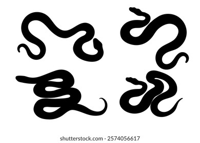 Collection Black silhouettes of snakes in various coiled and slithering shapes. Great for logo design, wildlife visuals, or minimalistic projects. Vector illustration isolated on white background