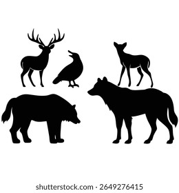 Uma coleção de silhuetas pretas de um veado com galhadas, um urso, um lobo, um pássaro com o bico aberto, e um veado menor contra um fundo branco.