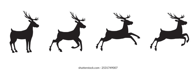 Collection of a black silhouettes of a standing, running and jumping full length deers. Vector illustration isolated on white background