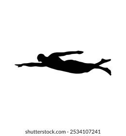 Collection of black silhouettes of swimming man sport characters.