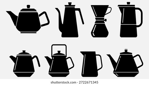 Coleção de silhuetas pretas de vários fabricantes de café e bules de chá em um fundo cinza claro, apresentando diferentes desenhos e formas.