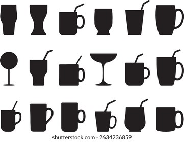 Collection of black silhouettes various cups mugs glasses