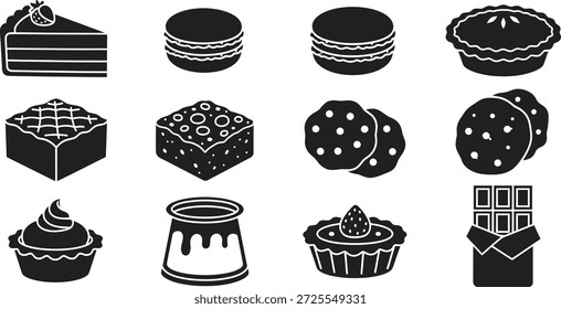 Una colección de siluetas negras de varios postres y pasteles sobre un fondo blanco