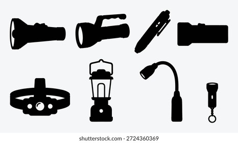 Colección de siluetas negras de varias linternas y lámparas
