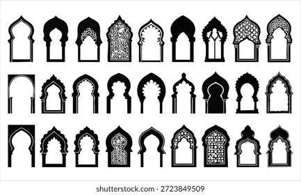 Uma coleção de silhuetas pretas de vários desenhos de janelas arqueadas islâmicas em um fundo branco. Os arcos exibem diversas formas e elementos decorativos, incluindo intrincados padrões e recortes geométricos, representando características arquitetônicas tradicionais.