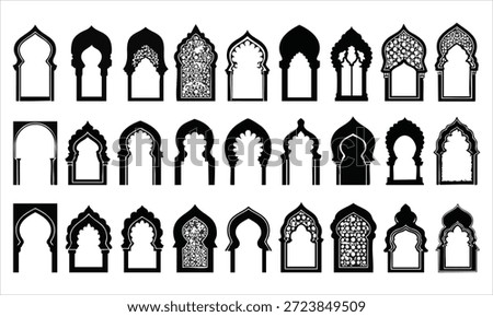 A collection of black silhouettes of various Islamic arched window designs on a white background. The arches display diverse shapes and decorative elements, including intricate patterns and geometric cutouts, representing traditional architectural features.
