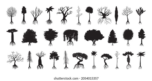 Collection of black silhouettes of various trees with root system.