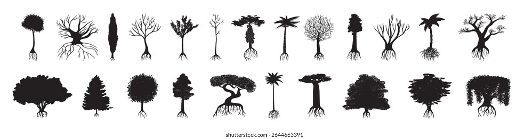Collection of black silhouettes of various trees with root system.