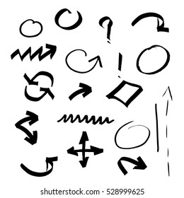 Collection of black sketch symbols. Hand drawn arrow, circle, dots set on white background