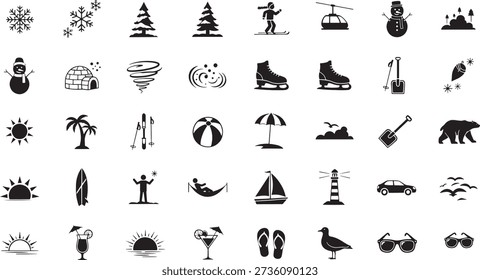 Collection of black sketched representing winter and summer activities and snowflake snow