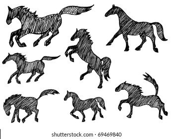 collection of black sketchy horse silhouettes