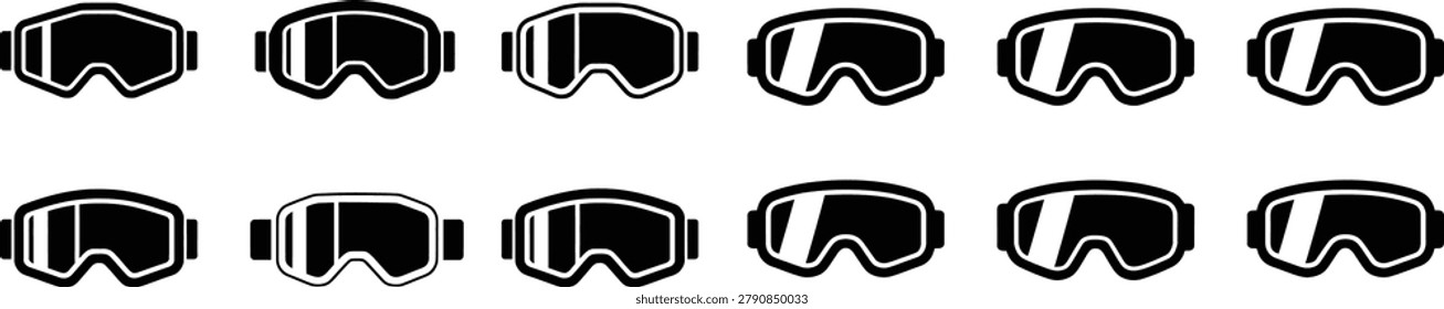 Collection of black ski goggles and snowboard masks with white frames on transparent background. Ideal for winter sports, skiing, snowboarding, and outdoor activities.