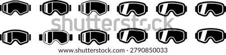 Collection of black ski goggles and snowboard masks with white frames on transparent background. Ideal for winter sports, skiing, snowboarding, and outdoor activities.