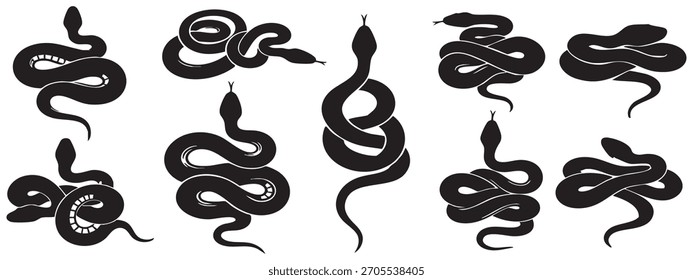 Collection of black snake silhouettes in various coiled and winding poses, isolated vector.