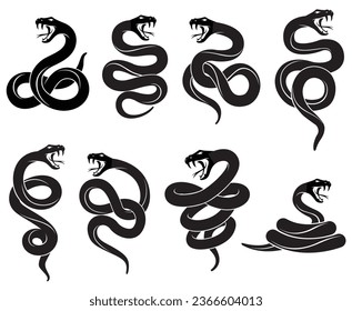 collection of black snakes isolated on white background